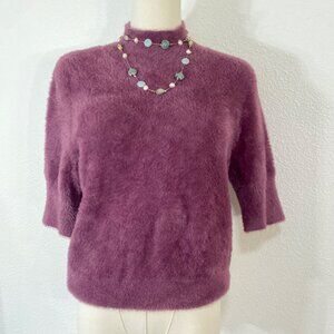 Anthro Bailey 44 Maroon Mock Neck Short Sleeve Pullover Fuzzy Top Sz Large